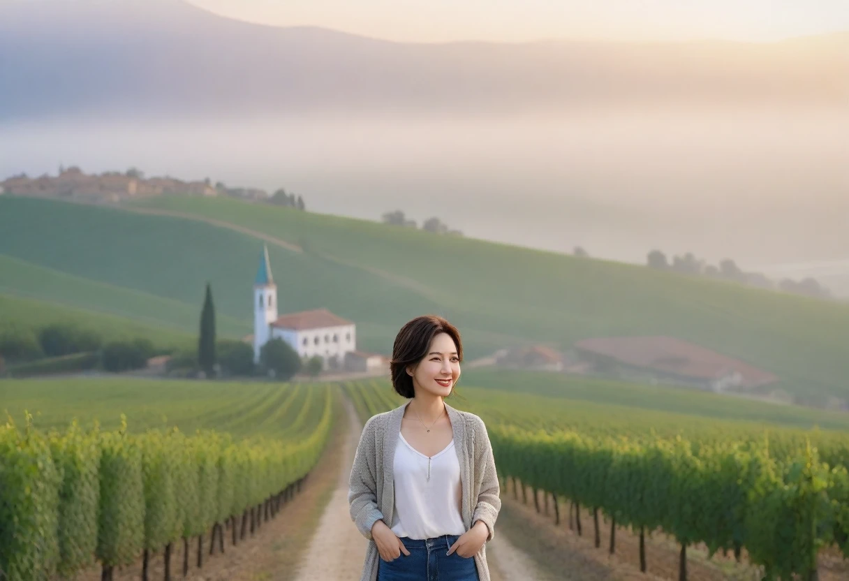 8k best picture quality, Beautiful 36-year-old Korean woman, Chest size 34 inches, Dawn in the northern Italian countryside, View of the cathedral next to the vineyards, The back background is realistic and vivid quality., short medium hair, white shirt and cardigan, Wear casual pants, Smile slightly. the background is clear, look up to the side. Cottonwood street trees Looking at vineyards covered in thick fog from a hillside road
