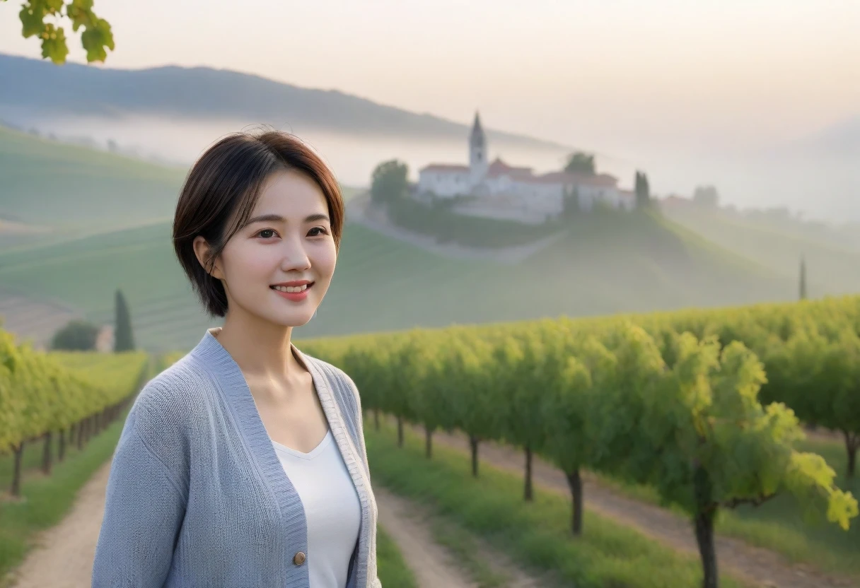 8k best picture quality, Beautiful 36-year-old Korean woman, Chest size 34 inches, Dawn in the northern Italian countryside, View of the cathedral next to the vineyards, The back background is realistic and vivid quality., short medium hair, white shirt and cardigan, Wear casual pants, Smile slightly. the background is clear, look up to the side. Cottonwood street trees Looking at vineyards covered in thick fog from a hillside road