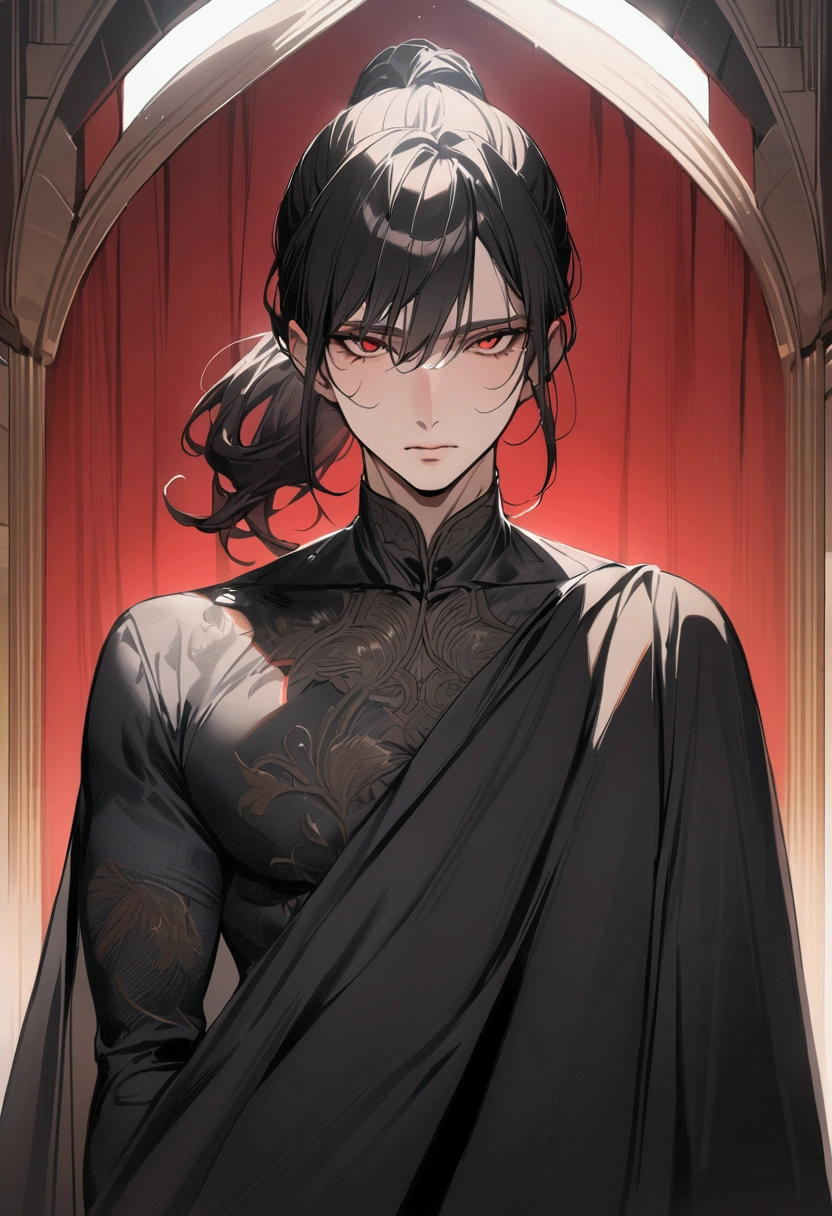 ((masterpiece)), ((best quality)), (from front:1.2), (half-body shot:1.4), 1man, adult man, solo, ponytail tied long black hair, red eyes, black cloak covering body, looking at viewers