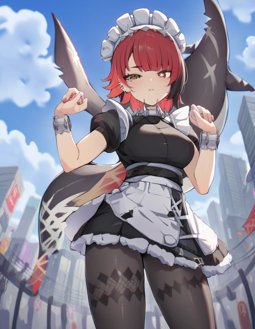 ellenjoe, ellen joe, black hair, colored inner hair, multicolored hair, (one red eye:1.3), red hair, short hair, two-tone hair, BREAK bapron, black pantyhose, black shirt, black skirt, ear piercing, fins, fish tail, maid, maid apron, maid headdress, pantyhose, piercing, puffy short sleeves, puffy sleeves, shark girl, shark tail, shirt, short sleeves, skirt, tail, two-tone hair, wrist cuffs, BREAK outdoors, city, sky, clouds, sun, park BREAK looking at viewer, (cowboy shot:1.5), BREAK (masterpiece:1.2), best quality, high resolution, unity 8k wallpaper, (illustration:0.8), (beautiful detailed eyes:1.6), extremely detailed face, perfect lighting, extremely detailed CG, (perfect hands, perfect anatomy)
