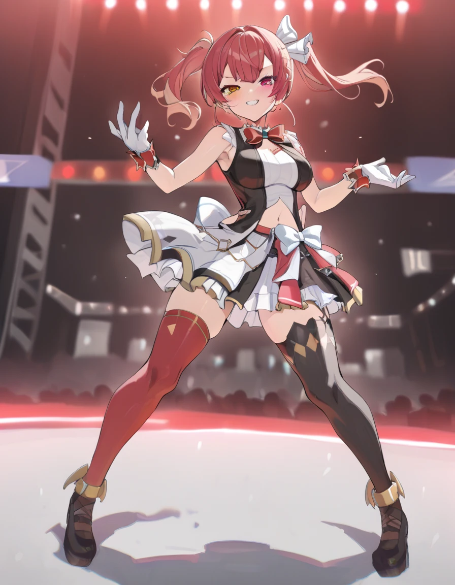 2d, masterpiece, best quality, anime, highly detailed, full body, 1girl, solo, marine_idol, ho****ve idol uniform, white bow, white gloves, red ribbon, red bowtie, layered skirt, navel cutout, mismatched legwear, red thighhighs, black thighhighs, heterochromia, red eyes, yellow eyes, BREAK stage, red lights, dynamic pose, smile
