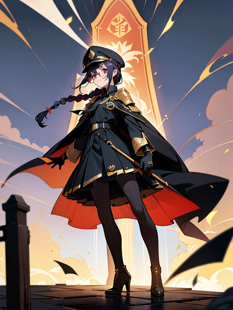 realisitic, City Deserted, Pile of rubble, Brick building, a one woman (18 years old, far away blackw hair, far away slits, Eyes red, glare eyes, 精致的面容, standing (In floor, feet shoulder-width apart), Lolita style military uniform (blackw base, Red Insert, golden decoration, volantes, wide sleeves, dainty and delicate detailing armors), blackw far away gloves (blackw, Red Insert, golden decoration, small hands, armors), blackw far away gloves, knee high boots (blackw, high-heels, red soles), ha (blackw, aba dourada, shield emblem, delicate details), arms in front, Front of belly, Holding military swords with both hands (blackw, golden decoration, delicate detail, Handle at the top, Ground-facing blade, in front of the body, far away), night sky (blackw, stele, Increased flames and smoke) Pale painting style, One Girl, super high quality, Super Detail, Super Detailed image, long hair, looking at viewer, skirt, shirt, hair ornament, violet eyes, gloves, round glasses, long sleeves, hat, closed mouth, jacket, violet hair, braid, open clothes, necktie, black gloves, black skirt, uniform, single braid, open jacket, black jacket, black headwear, 手链, Peaked cap, black necktie, cropped jacket, military hat, pantyhose, Flat Chest, smile, Black Cape