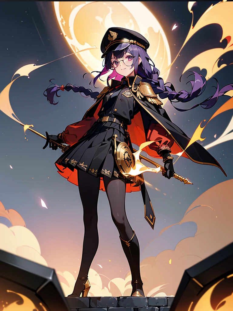 realisitic, City Deserted, Pile of rubble, Brick building, a one woman (18 years old, far away blackw hair, far away slits, Eyes red, glare eyes, 精致的面容, standing (In floor, feet shoulder-width apart), ta style military uniform (blackw base, Red Insert, golden decoration, volantes, wide sleeves, dainty and delicate detailing armors), blackw far away gloves (blackw, Red Insert, golden decoration, small hands, armors), blackw far away gloves, knee high boots (blackw, high-heels, red soles), ha (blackw, aba dourada, shield emblem, delicate details), arms in front, Front of belly, Holding military swords with both hands (blackw, golden decoration, delicate detail, Handle at the top, Ground-facing blade, in front of the body, far away), night sky (blackw, stele, Increased flames and smoke) Pale painting style, One Girl, super high quality, Super Detail, Super Detailed image, long hair, looking at viewer, skirt, shirt, hair ornament, violet eyes, gloves, round glasses, long sleeves, hat, closed mouth, jacket, violet hair, braid, open clothes, necktie, black gloves, black skirt, uniform, single braid, open jacket, black jacket, black headwear, 手链, Peaked cap, black necktie, cropped jacket, military hat, pantyhose, Flat Chest, smile, Black Cape