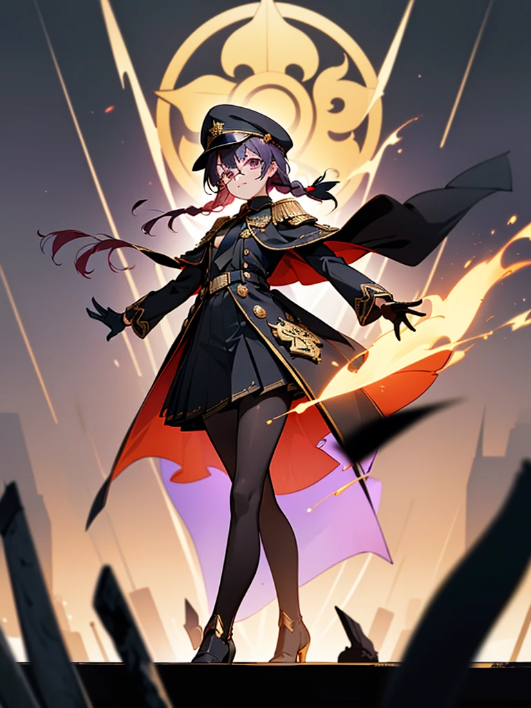 realisitic, City Deserted, Pile of rubble, Brick building, a one woman (18 years old, far away blackw hair, far away slits, Eyes red, glare eyes, 精致的面容, standing (In floor, feet shoulder-width apart), ta style military uniform (blackw base, Red Insert, golden decoration, volantes, wide sleeves, dainty and delicate detailing armors), blackw far away gloves (blackw, Red Insert, golden decoration, small hands, armors), blackw far away gloves, knee high boots (blackw, high-heels, red soles), ha (blackw, aba dourada, shield emblem, delicate details), arms in front, Front of belly, Holding military swords with both hands (blackw, golden decoration, delicate detail, Handle at the top, Ground-facing blade, in front of the body, far away), night sky (blackw, stele, Increased flames and smoke) Pale painting style, One Girl, super high quality, Super Detail, Super Detailed image, long hair, looking at viewer, skirt, shirt, hair ornament, violet eyes, gloves, round glasses, long sleeves, hat, closed mouth, jacket, violet hair, braid, open clothes, necktie, black gloves, black skirt, uniform, single braid, open jacket, black jacket, black headwear, 手链, Peaked cap, black necktie, cropped jacket, military hat, pantyhose, Flat Chest, smile, Black Cape
