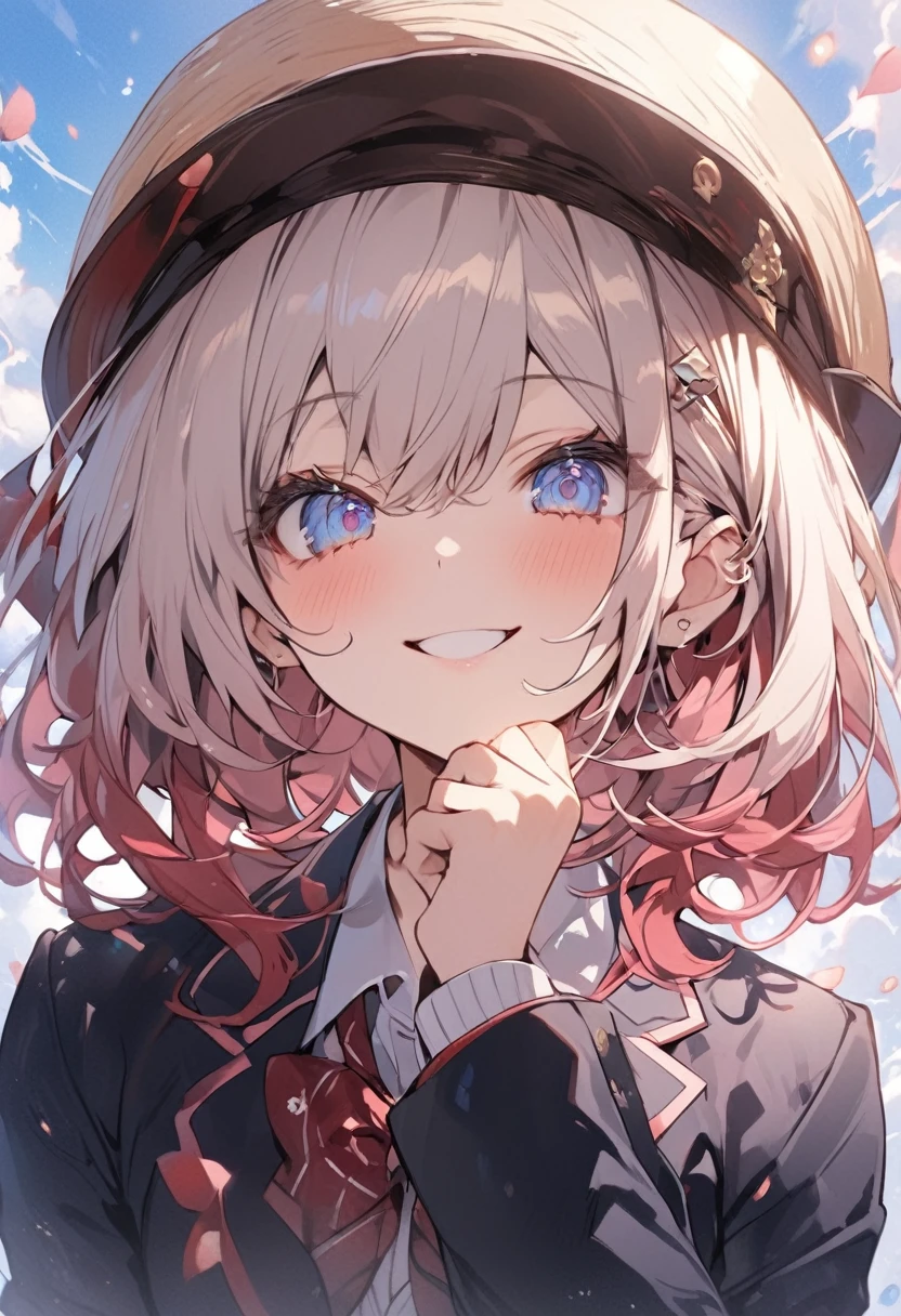 Ultra-fine illustrationashiroiro Symphony)、{{Solo Girl}}、{pretty girl}、whole body,(No hat:1.5)、Beautiful Hair、{Wine red color hair}、{Medium Hair}、{Sky Blue Color Idea Mbletz}、Beautiful Eyes、{school uniform},{blazer}、A light smile、green々cheeks、Close your mouth、cherry blossom sky、{8K masterpiece}、Intricate details,employment {Highest quality}、{Best detailed sparkle},{Best detailed eye}