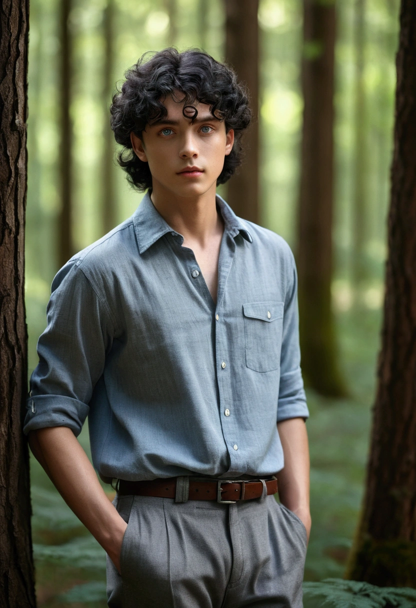 In the sunny forest、There is a young man with a handsome face, curly black hair and big blue eyes.。, A thoughtful and attentive look on his handsome face, full length, Wearing a simple grey shirt and old-fashioned pants