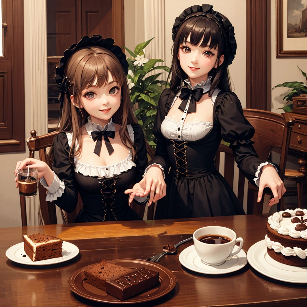 Coffee Break,Gothic Lolita,Victorian Era,Gothic ,solo girl,Smile，Chocolate cake,Perfect composition,Iced coffee on the table,