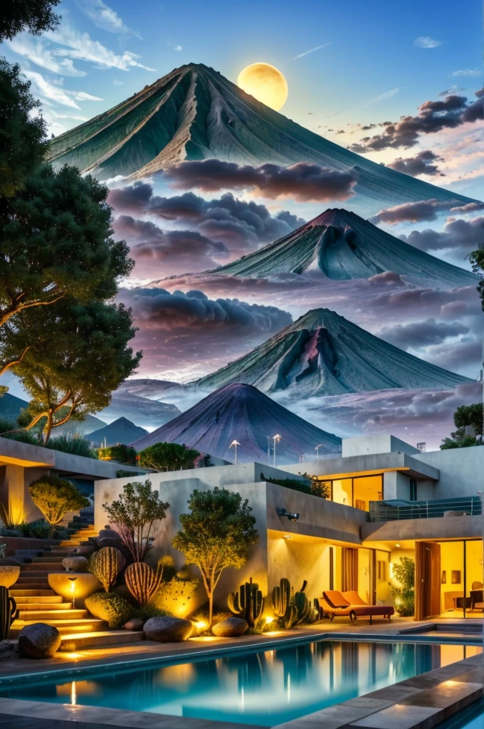 Multiple houses, brutalism style, Luis Barragán, Mountains in background, river, pool, terraces, stairs, garden terraces, trees, beautiful clouds, moon, sun, detailed, cacti, boulders, volcanic rocks, fuggy, river, lake, Violet, orange, olive green, blue, magenta, amazing volcano in horizont, beautiful garden design