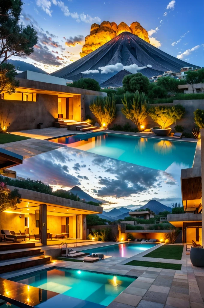 Multiple houses, brutalism style, Luis Barragán, Mountains in background, river, pool, terraces, stairs, garden terraces, trees, beautiful clouds, moon, sun, detailed, cacti, boulders, volcanic rocks, fuggy, river, lake, Violet, orange, olive green, blue, magenta, amazing volcano in horizont, beautiful garden design