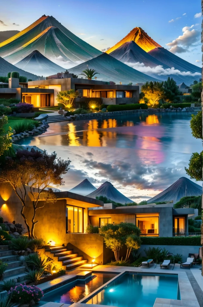 Multiple houses, brutalism style, Luis Barragán, Mountains in background, river, pool, terraces, stairs, garden terraces, trees, beautiful clouds, moon, sun, detailed, cacti, boulders, volcanic rocks, fuggy, river, lake, Violet, orange, olive green, blue, magenta, amazing volcano in horizont, beautiful garden design