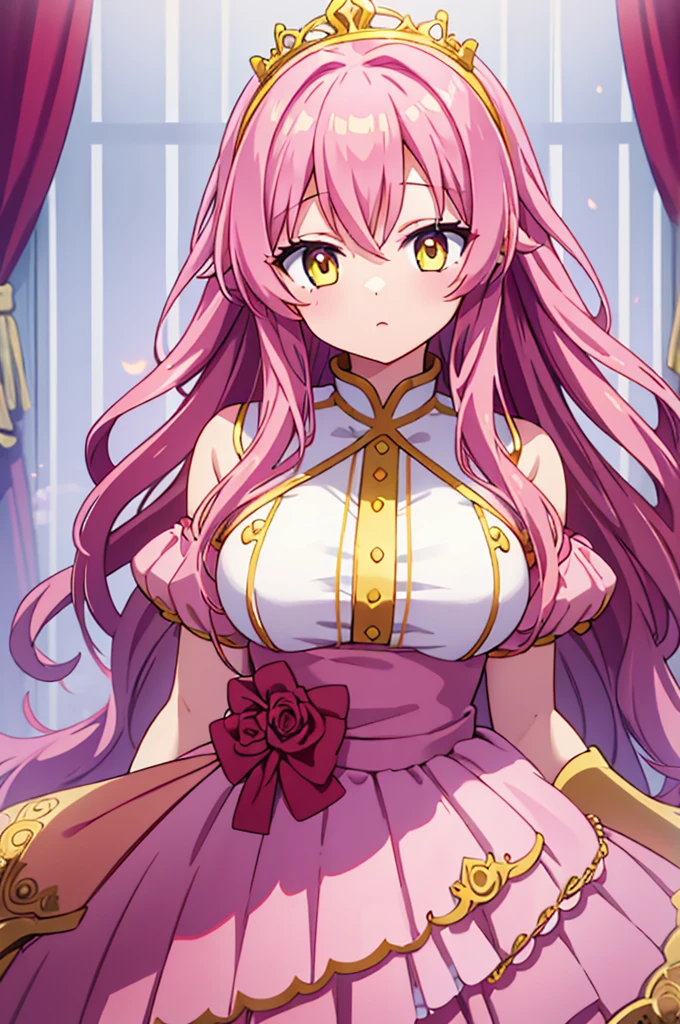 long pink wavy hair and yellow eyes, princess dress and 25 year old girl with breast