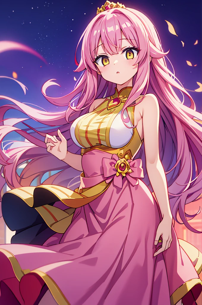 long pink wavy hair and yellow eyes, princess dress and 25 year old girl with breast