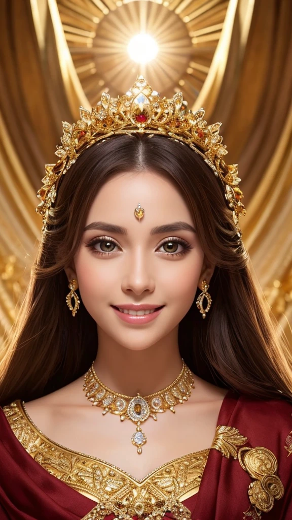 Realistic, beautiful, and fantastical. Created entirely in gold. The background is gold. Shining. Big eyes, smiling. Elegant appearance like royalty.