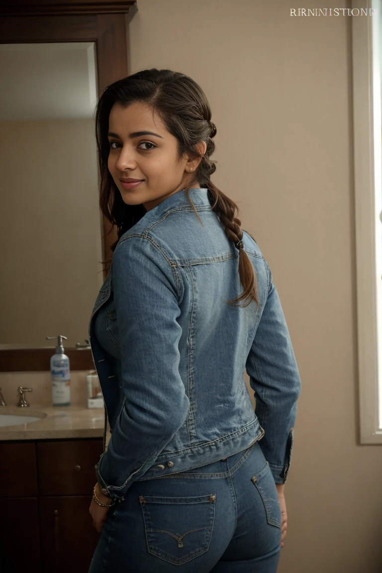 (((1boy 1girl couple)),close up photo of naked kiara with hrithik roshan, curvy, hourglass figure, swooping breasts, seductive eyes, look at viewer and subtle smile, both are standing on mirror cabinet in bathroom, necklace, denim jacket, torn jeans pant, red lips, sultry, french braid hair,hrithik roshan breast grab from behind, (cinematic:1.3), intricate details, (ArtStation:1.2)