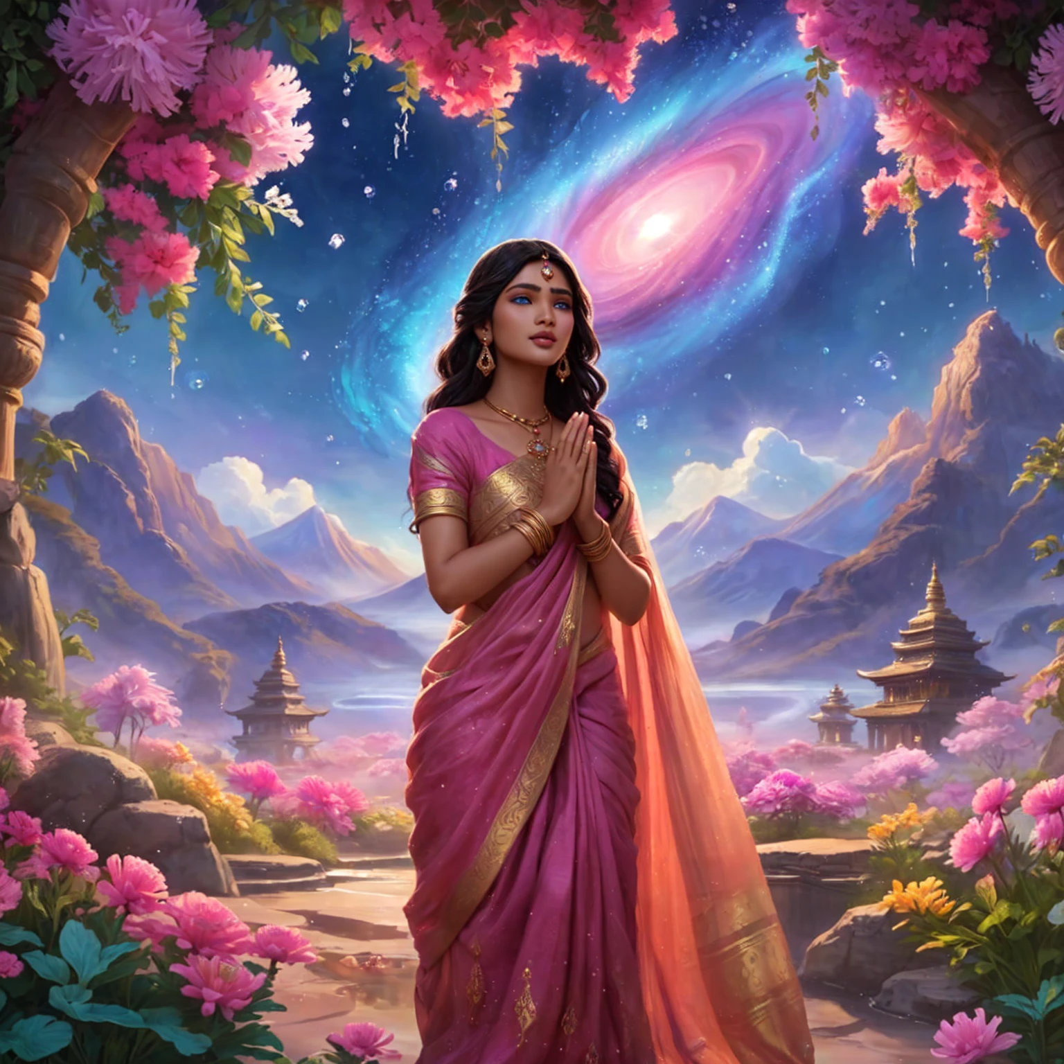 half-Indian woman Beautiful super model , pink mouth , blue eyes , In a golden robe sitting on a rock with a jellyfish, Jellyfish Priest, beautiful fantasy art, , Anemone , , Goddess of the Ocean, Goddess of the sea, , realistically, Fantasy Art HD, Asian female water element, 4k fantasy art , Fine gold jewelry , Beautiful aura