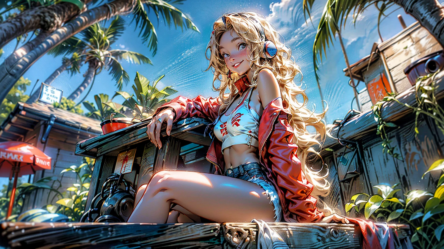 masterpiece、high resolution 8k、NSFW、sharp focus、contrast lighting、A cozy beach bar with a menu board, 1 girl, sitting on wooden stools,a red bikini top,blue denim jacket shorts,long blonde hair hair,smiling,headphone, a doorway leads to a sandy beach with a clear blue sky and a palm tree.