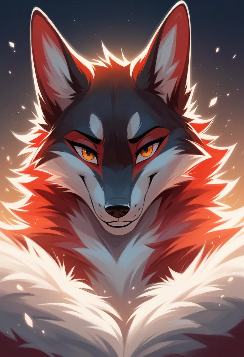 solo female, white coyote furry, furry, smiling, red fur, Black fur stripe, netral, Traumatized face, dynamic lighting, illustration, beautiful, particles (high quality,4k,8k,highres,masterpiece:1.2), ultra-detailed, impressionistic:colorful,]