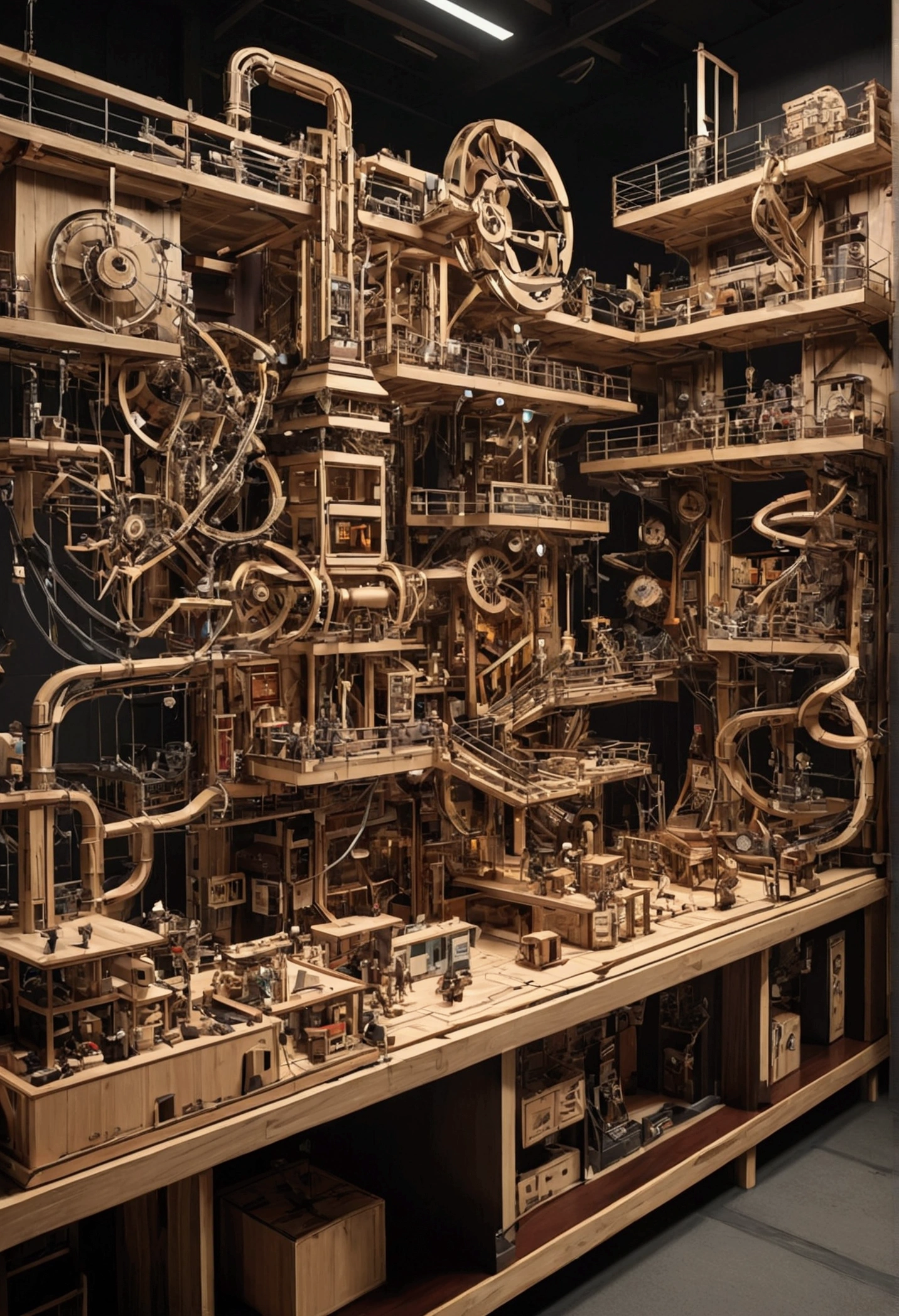 Japan、Yagura、wooden（Futuristic cybernetic Rube Goldberg machine in the center of the image：1.2）、kitsch、high tech、distinct、Cinematic、Anime influences、ultra modern、Sharp Focus、landscape、Stage up

