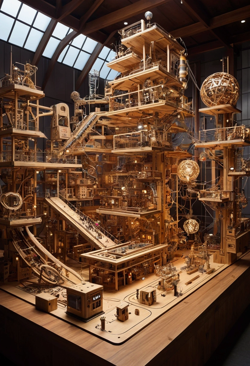 Japan、Yagura、wooden(Futuristic cybernetic Rube Goldberg machine in the center of the image:1.2)、kitsch、high tech、distinct、Cinematic、Anime influences、ultra modern、Sharp Focus、landscape、Stage up