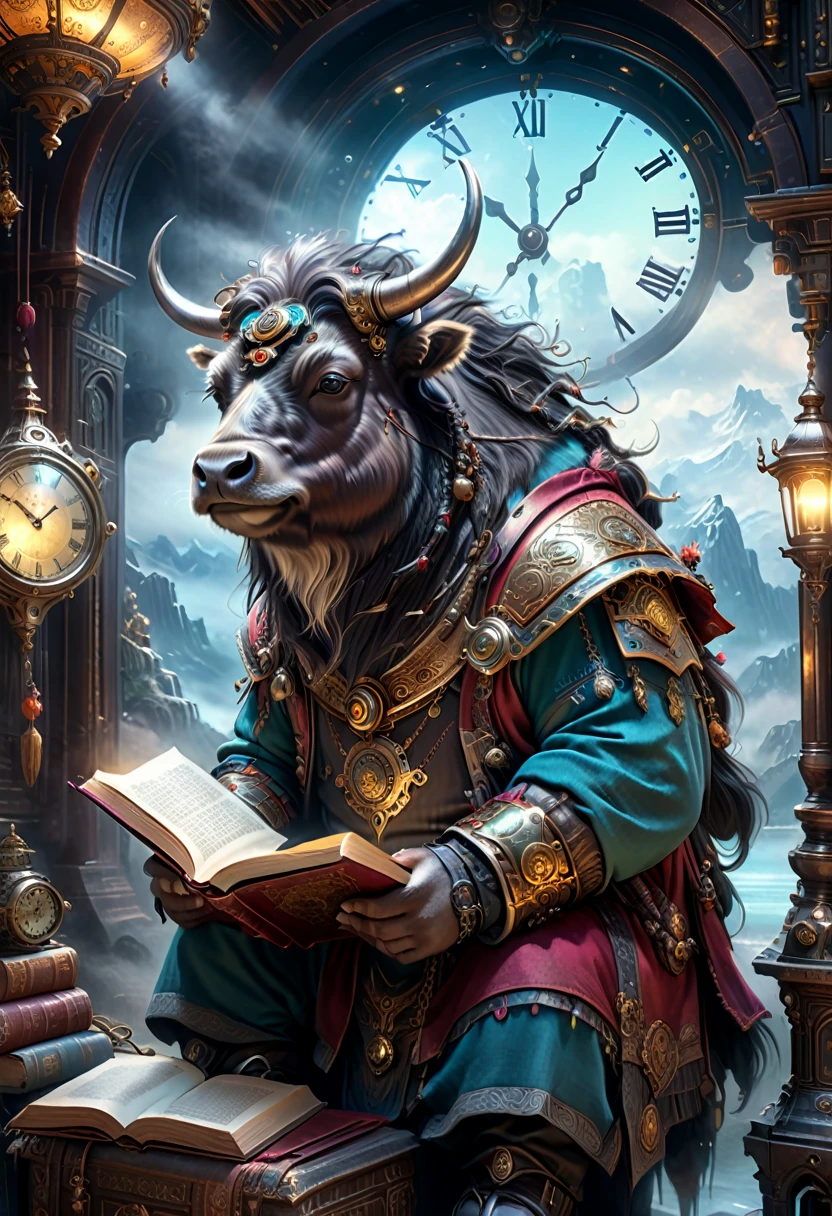 a talented yak reading in a charming universe, atmospheric concept art, spotlighting, clockpunk, intricate details, cinematic lighting, fantasy, muted colors, highly detailed, masterpiece, photorealistic, 8k, best quality