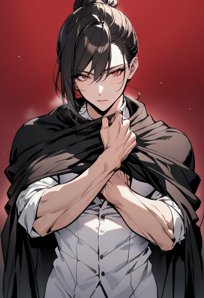 ((masterpiece)), ((best quality)), (from front:1.2), (half-body shot:1.4), 1man, adult man, solo, athletic, ponytail tied long black hair, red eyes, black cloak covering body, looking at viewers