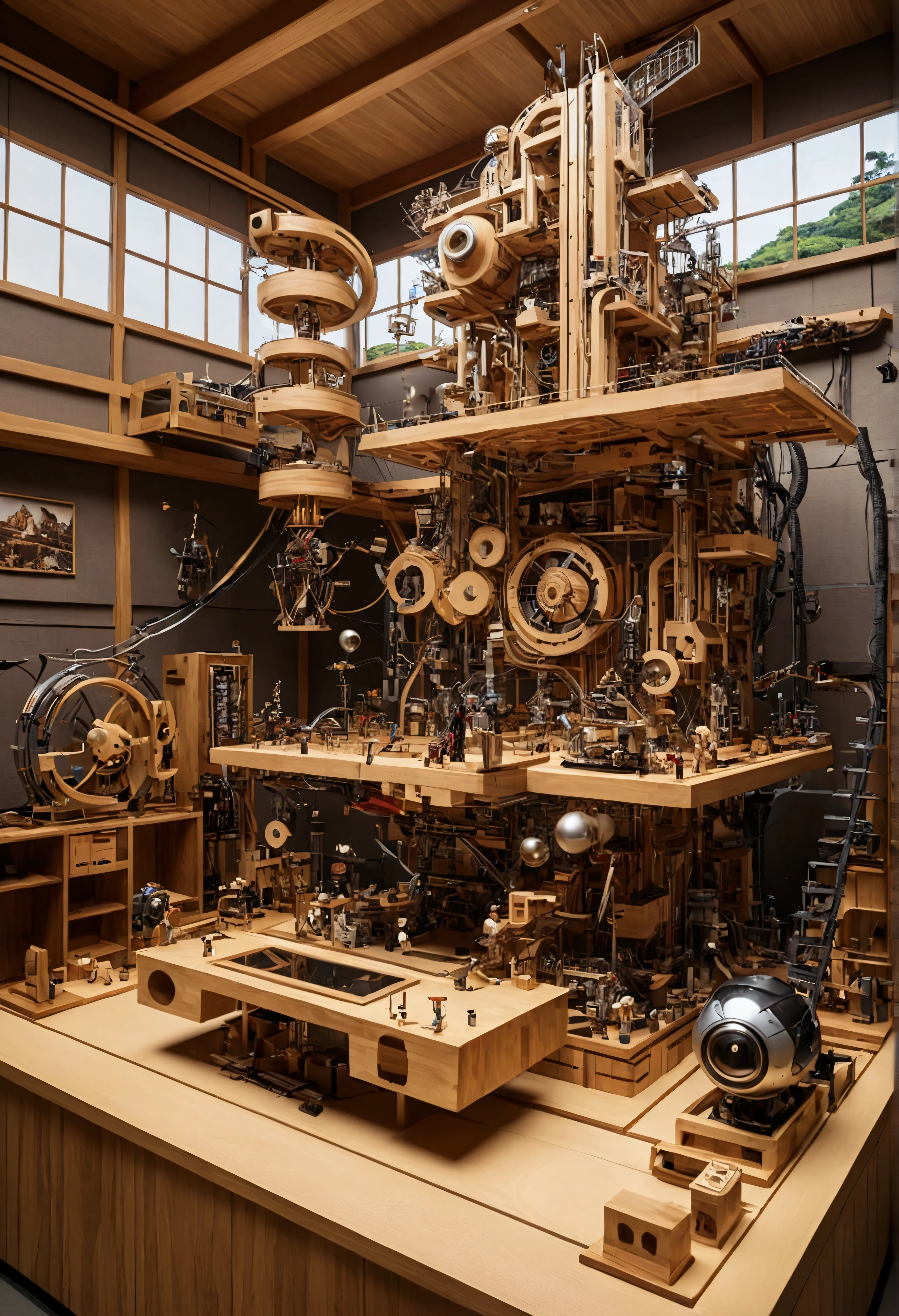 Japan、Yagura、wooden（Futuristic cybernetic Rube Goldberg machine in the center of the image：1.2）、kitsch、high tech、distinct、Cinematic、Anime influences、ultra modern、Sharp Focus、Wide-angle lens、landscape
