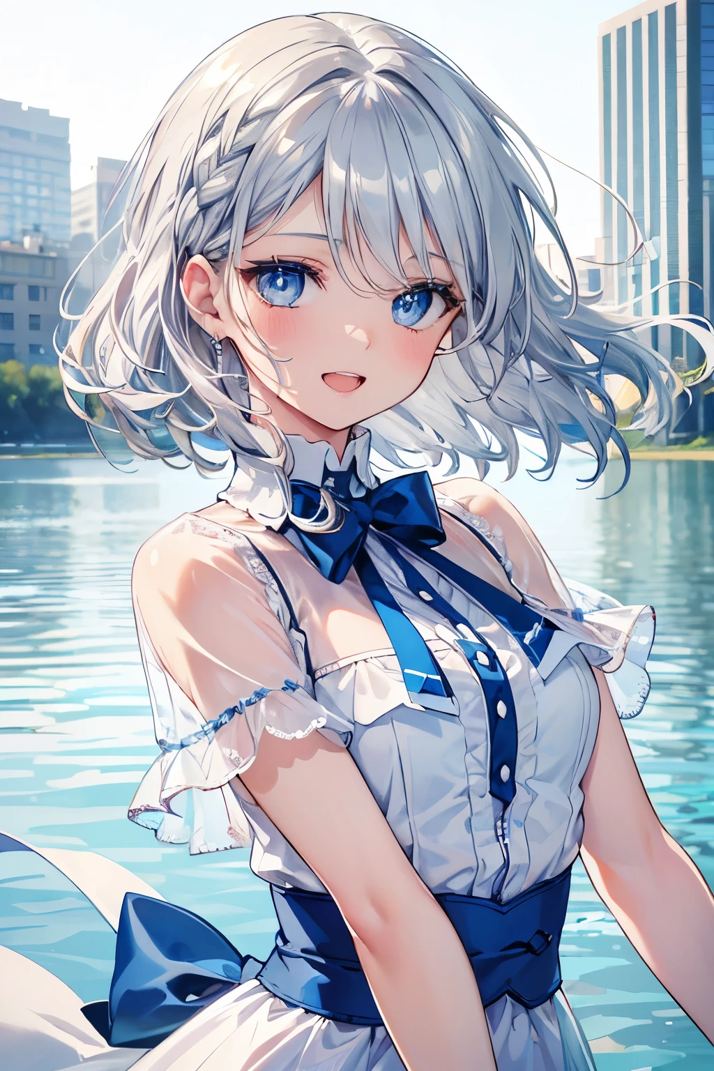 (Best quality,4K,8K,High resolution,Masterpiece:1.2),Super detailed,(Actual, Realistic),
break,
((Beautiful clear blue eyes:1.2)),very kind eyes,eyes wide open,beautiful eyelashes,beautiful lower eyelashes,
break,
((Beautiful and shiny silver hair:1.3)),A dazzling smile, a bursting smile, an open mouth laugh,
break,
short sleeve white dress shirt,blue bow tie,
break,
very happily,((bust shot)),zoom in,summer blue sky