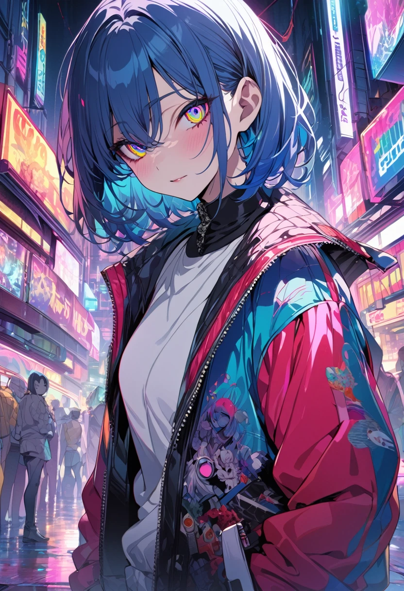 (masterpiece,detailed,High resolution:1.4) , Model shoot, close, detailed face, fine detailed eyes,, (kirishima touka),Blue middle hair,ghoul eyes,Retro Jacket,Tokyo Ghoul,Retrofuturism background, Vibrant colors, High resolution,, ,