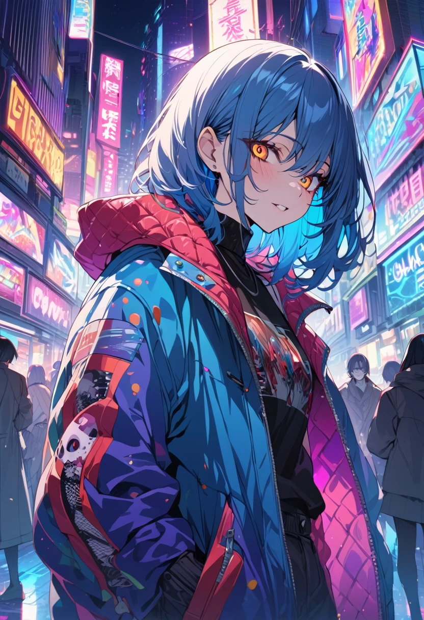 (masterpiece,detailed,High resolution:1.4) , Model shoot, close, detailed face, fine detailed eyes,, (kirishima touka),Blue middle hair,ghoul eyes,Retro Jacket,Tokyo Ghoul,Retrofuturism background, Vibrant colors, High resolution,, ,