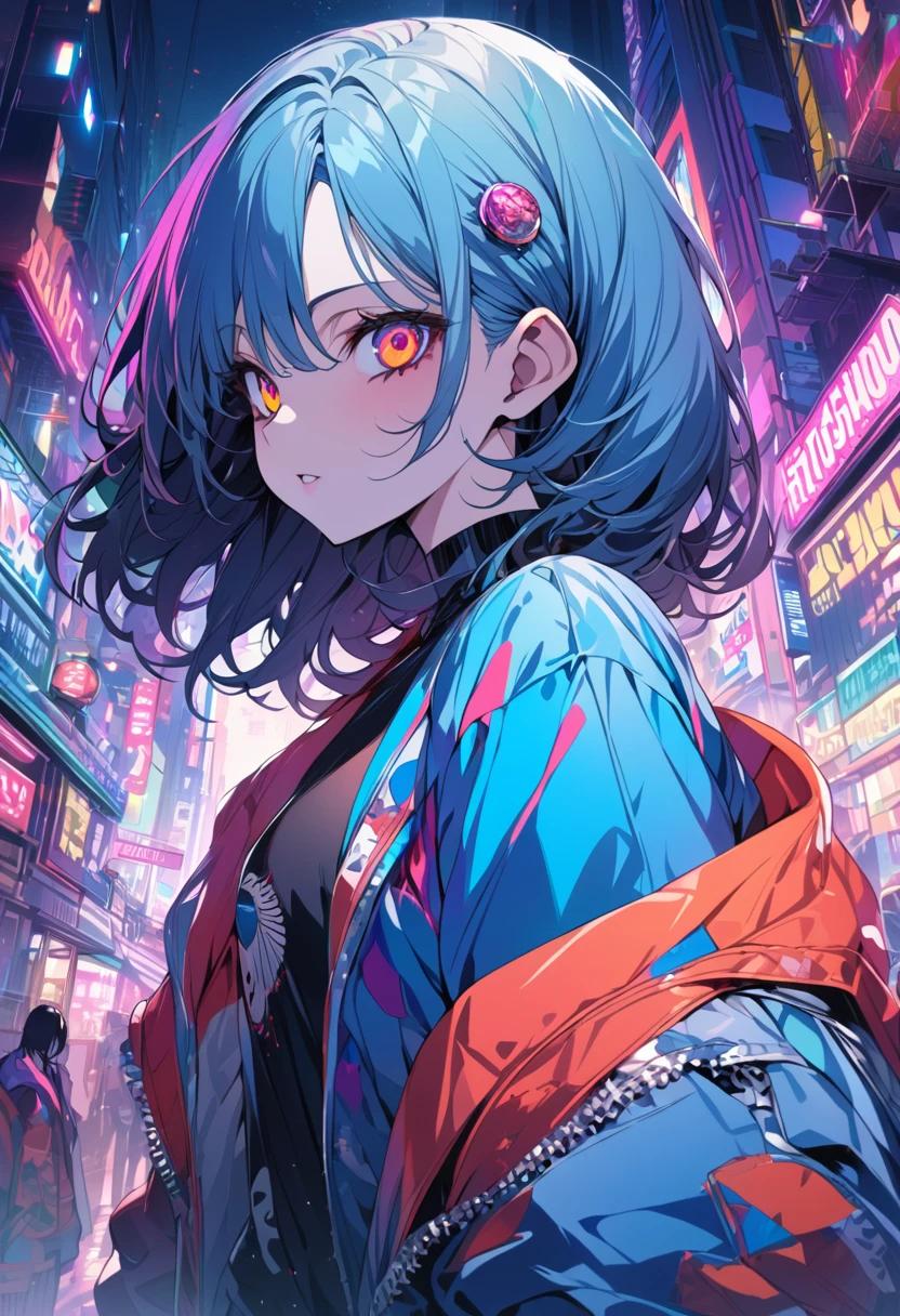 (masterpiece,detailed,High resolution:1.4) , Model shoot, close, detailed face, fine detailed eyes,, (kirishima touka),Blue middle hair,ghoul eyes,Retro Jacket,Tokyo Ghoul,Retrofuturism background, Vibrant colors, High resolution,, ,