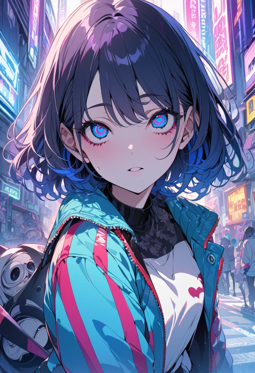 (masterpiece,detailed,High resolution:1.4) , Model shoot, close, detailed face, fine detailed eyes,, (kirishima touka),Blue middle hair,ghoul eyes,Retro Jacket,Tokyo Ghoul,Retrofuturism background, Vibrant colors, High resolution,, ,