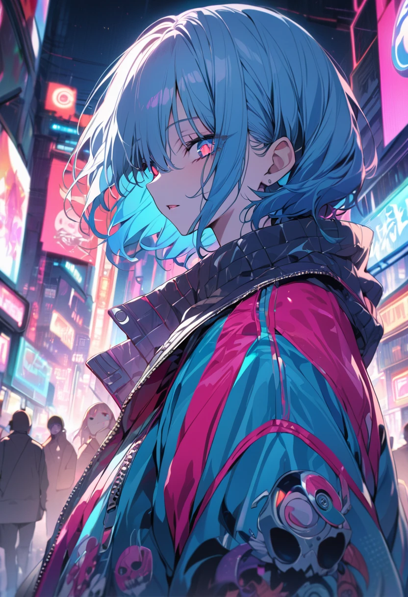 (masterpiece,detailed,High resolution:1.4) , Model shoot, close, detailed face, fine detailed eyes,, (kirishima touka),Blue middle hair,ghoul eyes,Retro Jacket,Tokyo Ghoul,Retrofuturism background, Vibrant colors, High resolution,, , 