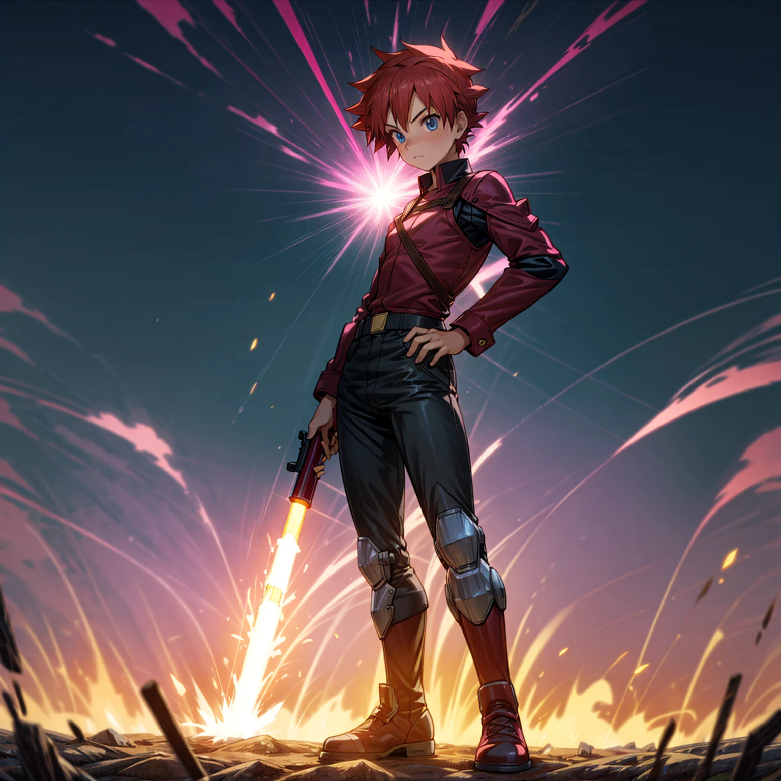 1boy, muscle, Full body version, 1character, blue eyes, short haircut, magenta color hair, Farmer style outfit, Boots, Grassroots, full background in field, motion blur, lighting, (Hunter x Hunter style art), big shotgun in hand, big weapon in hand, robot Shield in hand, smoke effect, fire effect, lighting on gun, plasma effect, Pupils face forward