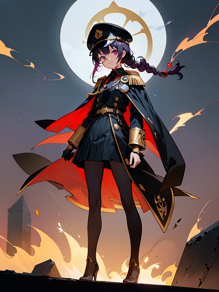 realisitic, City Deserted, Pile of rubble, Brick building, a one woman (18 years old, far away blackw hair, far away slits, Eyes red, glare eyes, 精致的面容, standing (In floor, feet shoulder-width apart), Lolita style military uniform (blackw base, Red Insert, golden decoration, volantes, wide sleeves, dainty and delicate detailing armors), blackw far away gloves (blackw, Red Insert, golden decoration, small hands, armors), blackw far away gloves, knee high boots (blackw, high-heels, red soles), ha (blackw, aba dourada, shield emblem, delicate details), arms in front, Front of belly, Holding military swords with both hands (blackw, golden decoration, delicate detail, Handle at the top, Ground-facing blade, in front of the body, far away), night sky (blackw, stele, Increased flames and smoke) Pale painting style, One Girl, super high quality, Super Detail, Super Detailed image, long hair, looking at viewer, skirt, shirt, hair ornament, violet eyes, gloves, round glasses, long sleeves, hat, closed mouth, jacket, violet hair, braid, open clothes, necktie, black gloves, black skirt, uniform, single braid, open jacket, black jacket, black headwear, 手链, Peaked cap, black necktie, cropped jacket, military hat, pantyhose, Flat Chest, smile, Black Cape