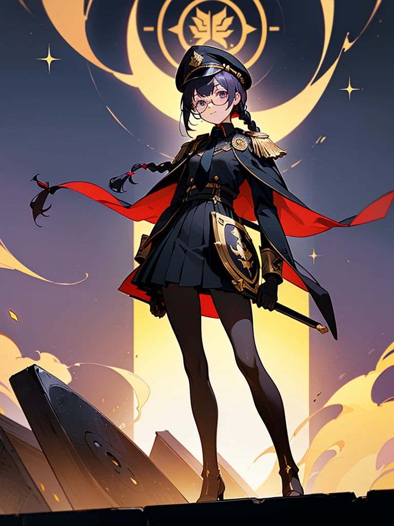 realisitic, City Deserted, Pile of rubble, Brick building, a one woman (18 years old, far away blackw hair, far away slits, Eyes red, glare eyes, 精致的面容, standing (In floor, feet shoulder-width apart), Lolita style military uniform (blackw base, Red Insert, golden decoration, volantes, wide sleeves, dainty and delicate detailing armors), blackw far away gloves (blackw, Red Insert, golden decoration, small hands, armors), blackw far away gloves, knee high boots (blackw, high-heels, red soles), ha (blackw, aba dourada, shield emblem, delicate details), arms in front, Front of belly, Holding military swords with both hands (blackw, golden decoration, delicate detail, Handle at the top, Ground-facing blade, in front of the body, far away), night sky (blackw, stele, Increased flames and smoke) Pale painting style, One Girl, super high quality, Super Detail, Super Detailed image, long hair, looking at viewer, skirt, shirt, hair ornament, violet eyes, gloves, round glasses, long sleeves, hat, closed mouth, jacket, violet hair, braid, open clothes, necktie, black gloves, black skirt, uniform, single braid, open jacket, black jacket, black headwear, 手链, Peaked cap, black necktie, cropped jacket, military hat, pantyhose, Flat Chest, smile, Black Cape