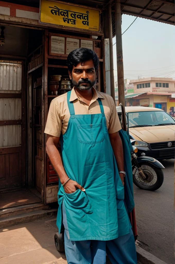 A Indian auto driver standing outside the auto in a Mark realistic image