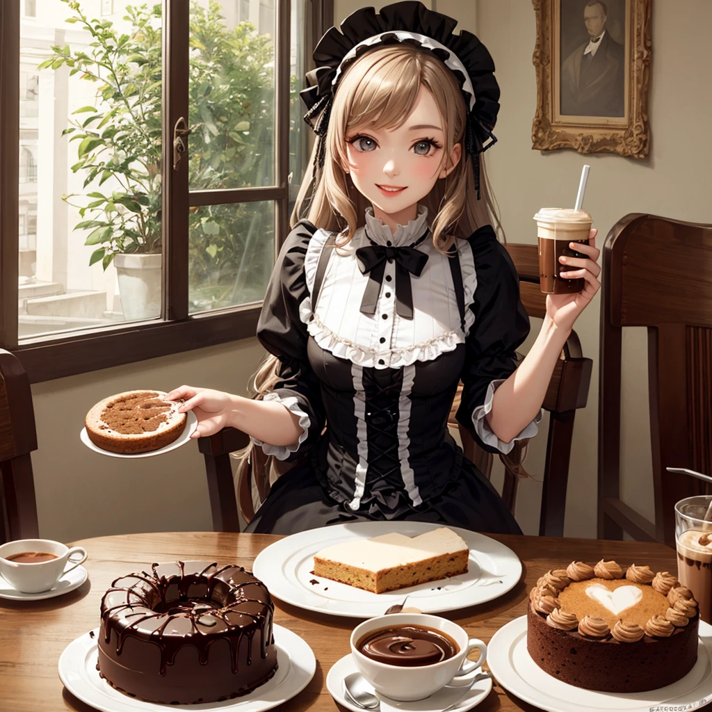 Coffee Break,Gothic Lolita,Victorian Era,Gothic ,solo girl,Smile，Chocolate cake,Perfect composition,Iced coffee on the table,