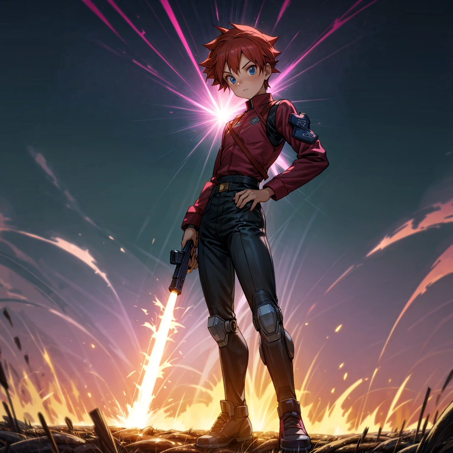 1boy, muscle, Full body version, 1character, blue eyes, short haircut, magenta color hair, Farmer style outfit, Boots, Grassroots, full background in field, motion blur, lighting, (Hunter x Hunter style art), big shotgun in hand, big weapon in hand, robot Shield in hand, smoke effect, fire effect, lighting on gun, plasma effect, Pupils face forward