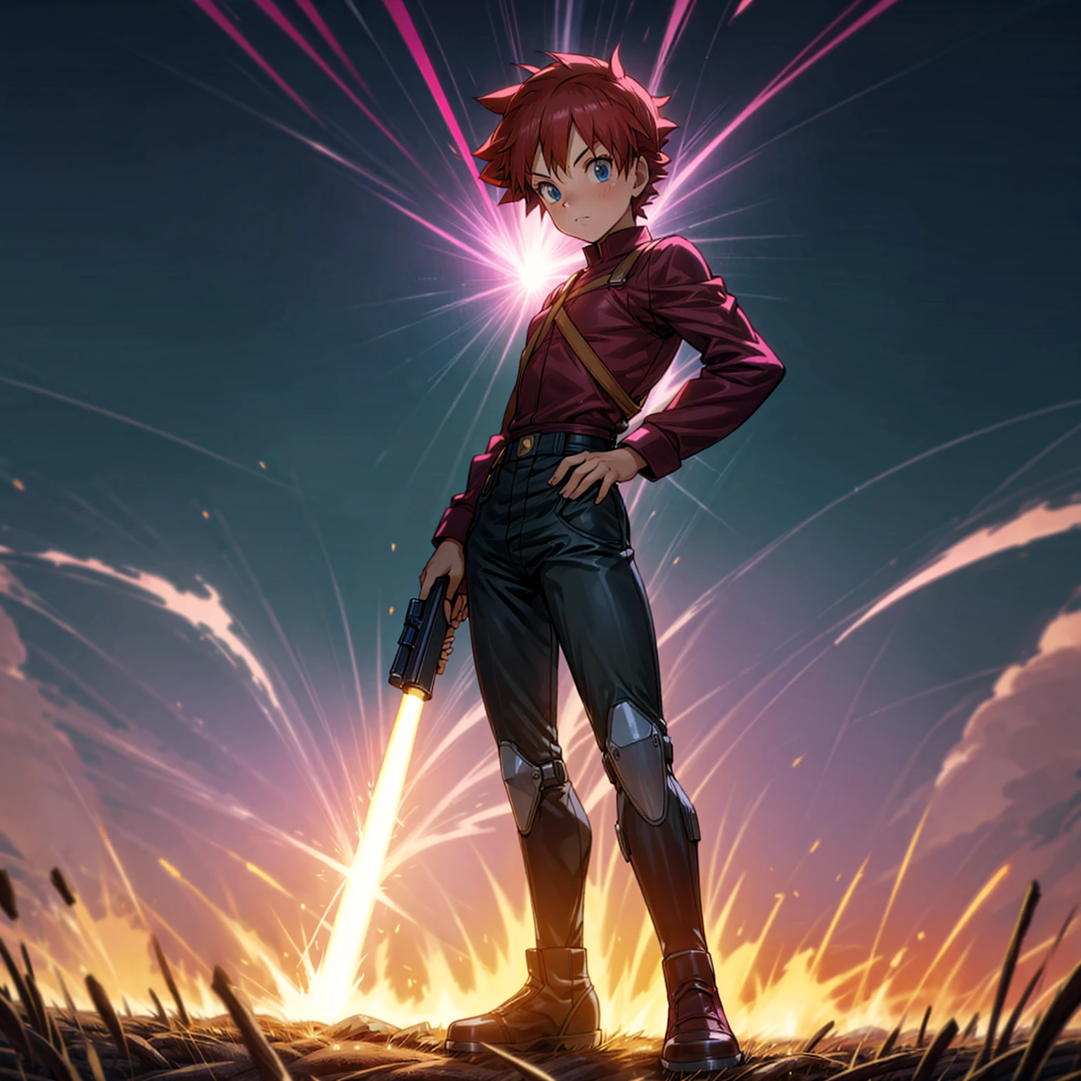 1boy, muscle, Full body version, 1character, blue eyes, short haircut, magenta color hair, Farmer style outfit, Boots, Grassroots, full background in field, motion blur, lighting, (Hunter x Hunter style art), big shotgun in hand, big weapon in hand, robot Shield in hand, smoke effect, fire effect, lighting on gun, plasma effect, Pupils face forward