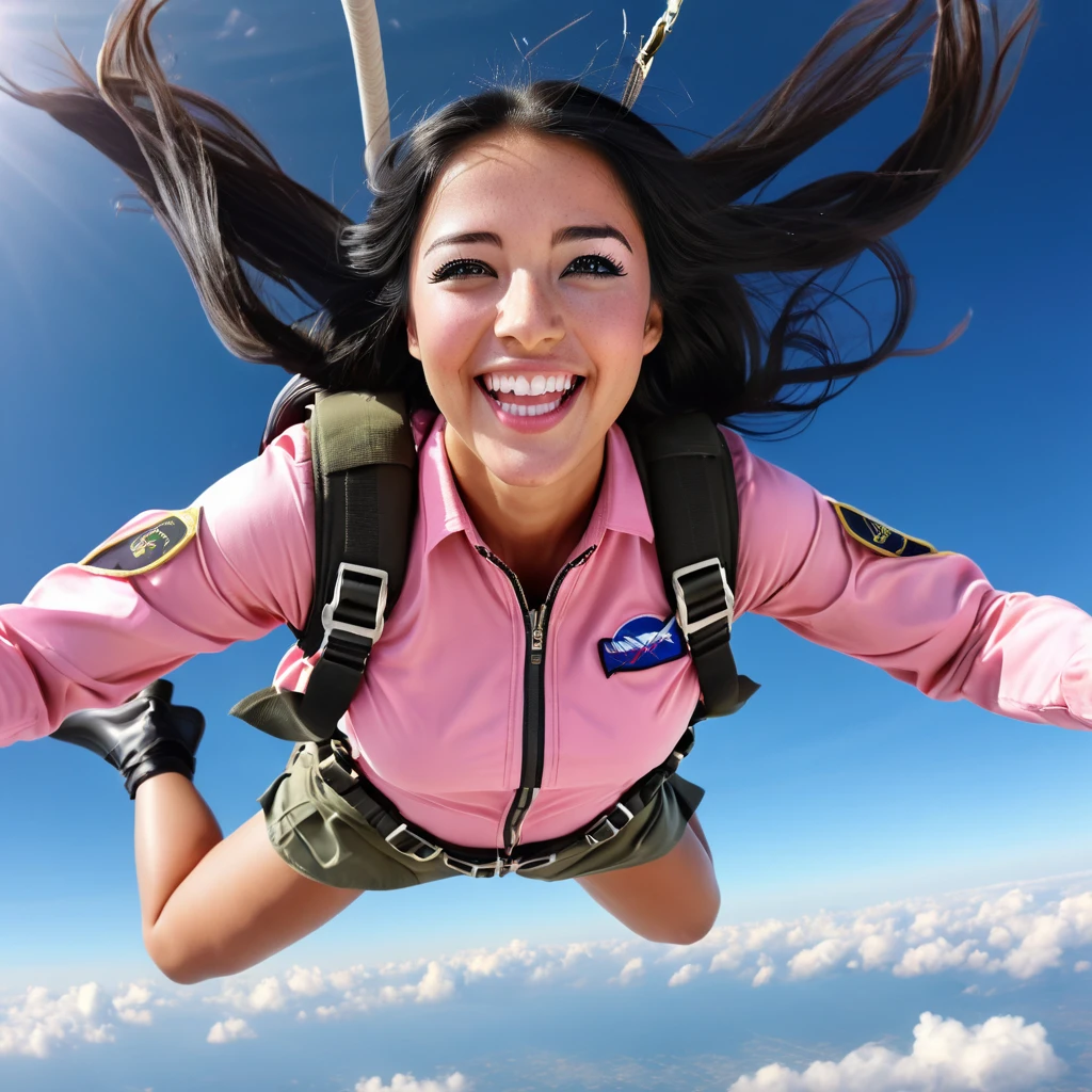 Jump skydiving on the plane with nice smile, black eyes, beautiful girl parachuting with long black hair flying in a mess, pink army uniform, harness, flowing pink miniskirt, in a panoramic view, anatomically correct, above knee portrait photo, very realistic, material reflective and dispersive. Dispersion of light and sunlight, and clouds high detail, high quality uhd 8k
