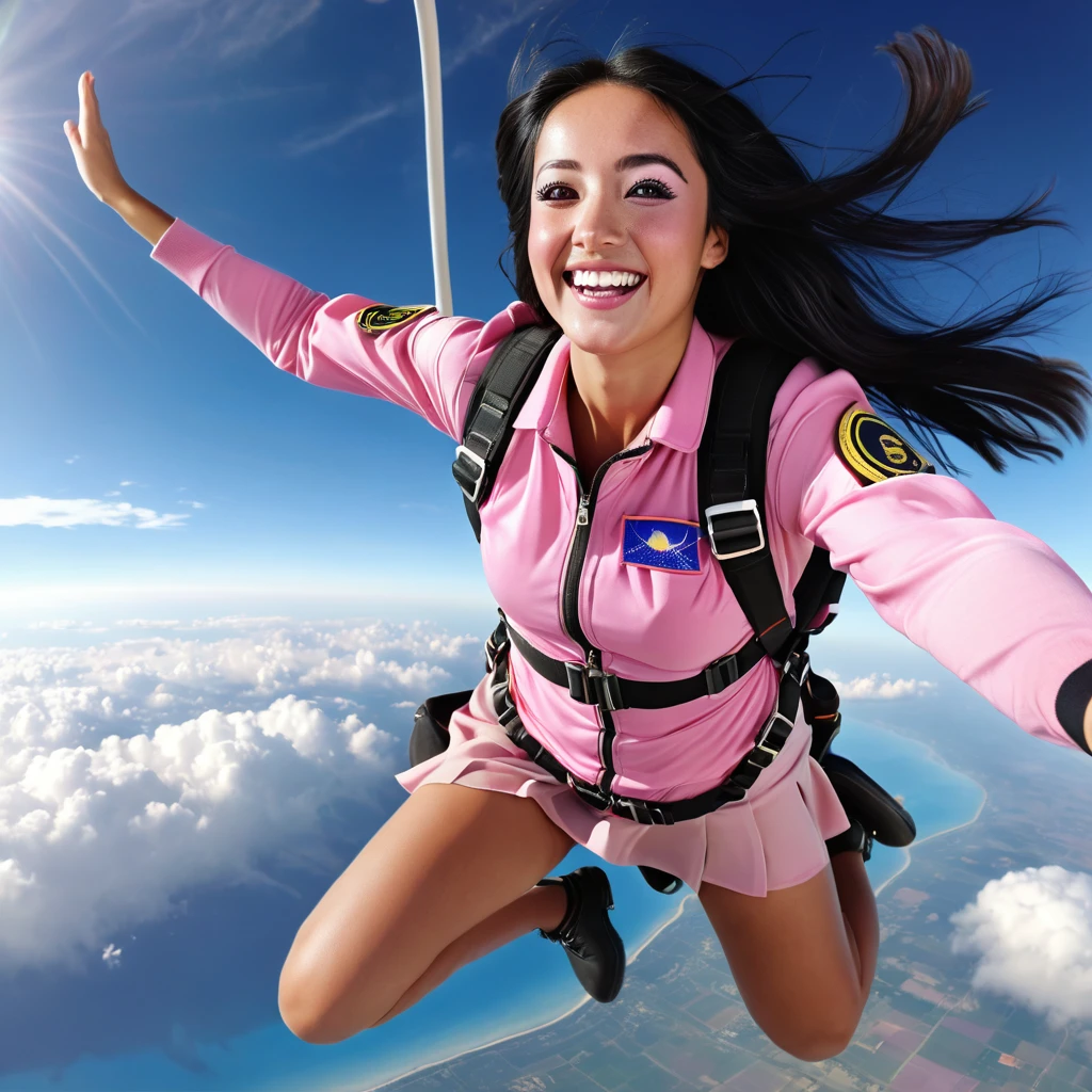 Jump skydiving on the plane with nice smile, black eyes, beautiful girl parachuting with long black hair flying in a mess, pink army uniform, harness, flowing pink miniskirt, in a panoramic view, anatomically correct, above knee portrait photo, very realistic, material reflective and dispersive. Dispersion of light and sunlight, and clouds high detail, high quality uhd 8k