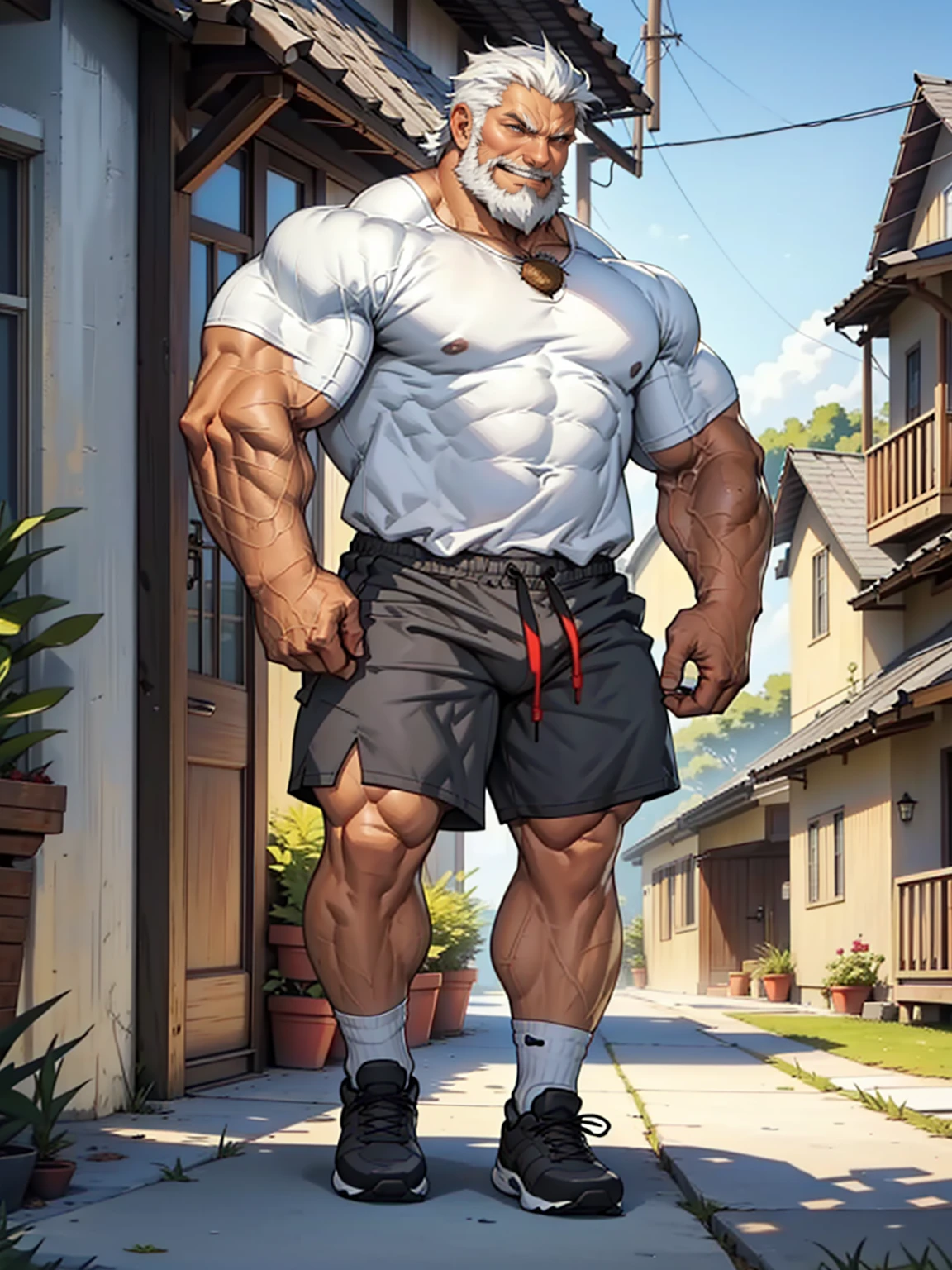 muscular old man in front house, old man, thick arm, huge arm, bearded. white hair and beard, bearded, muscular, pectoral, wide pectoral, realistic, 8k, masterpiece, (wearing shorts and white shirt:1.3, shoes), smile