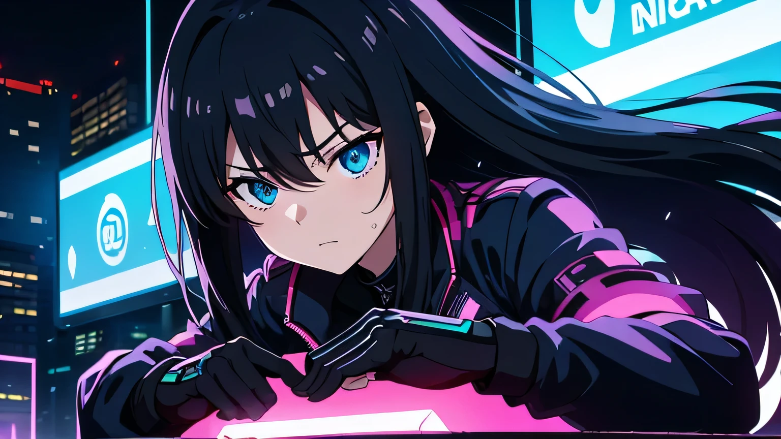 Anime style, super detailed illustration, high definition, dynamic angles, beautiful details, 8K, summer night BREAK In a cyberpunk world of glowing neon lights and futuristic buildings, two BREAKs are playing chess: one is a man with a serious expression and a hint of sweat on his face. The other is a female android with a cool demeanor.masterpiece,best quality,super detailed,perfect face,perfect hands,army jacket,