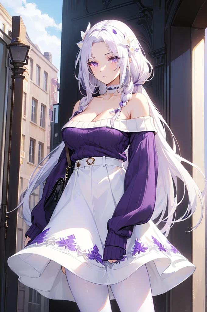 (best quality:1.3), (masterpiece:1.3), (illustration:1.3), (ultra-detailed:1.3), 1girl, (((large breasts))), ((((purple eyes))), (((white hair))), hair ornaments, tall, mature, long hair, ((casual wear, choker, dark purple sweater, off-shoulder sweater, white skirt, modern,)) elegant, city, hair ornament, french braids, nice hands, perfect hands, mature, low ponytail, white pantyhose, purse, 