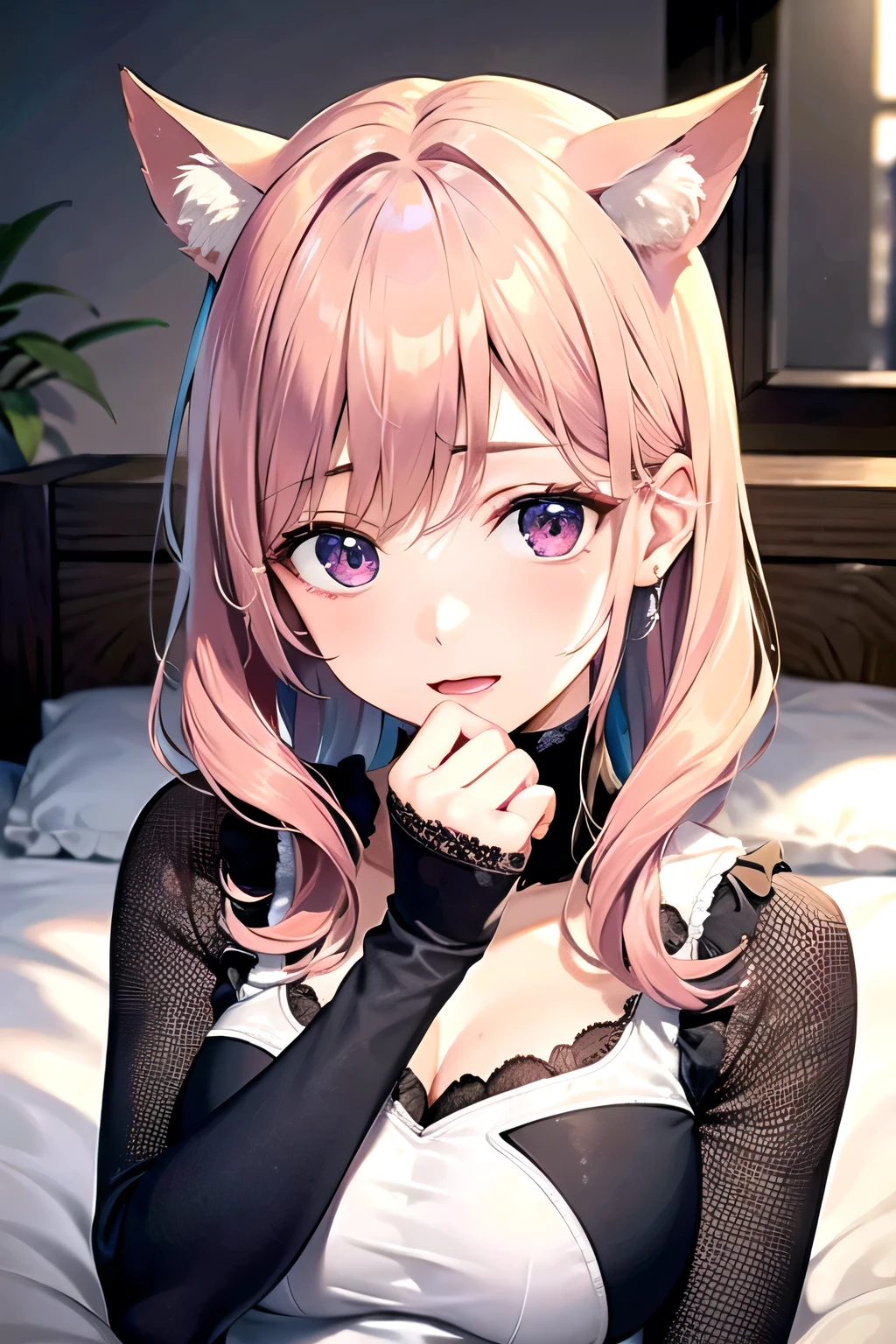 masterpiece, Highest quality, Very detailed, figure, (1 female), Beautiful and delicate eyes, View your viewers, expansion, Pink Hair, shy, , Open your mouth , Bold Statement, bed, Put a blanket on