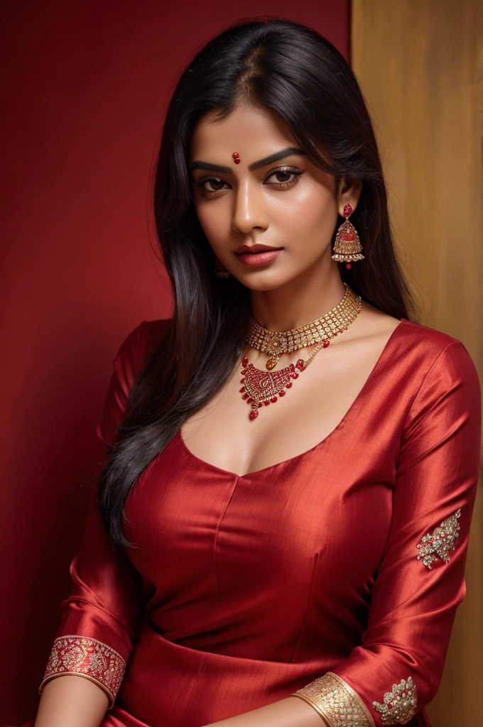 ((best quality)), ((masterpiece)), (detailed), perfect face aap Indian women an image of a woman in a red shirt with a necklace around her neck and, in red background, promotional photoshoot, solo photoshoot, Lizzy Ansingh, jewellery, hd picture, colorful with red hues, wearing jewellery, sultry look, wearing red clothes, wearing elegant jewellery, with lovely look, wearing a silk kurta, wearing a black and red suit, red jewelry, wearing gold jewellery, in crimson red, wearing a red outfit, photoshoot, wearing red