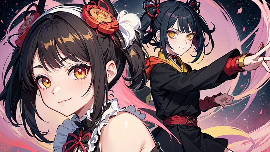anime girl, style kimetsu no yaiba, skick smile, yellow eyes, japanese black dress, gothic girl, female anime character, inspired in Jujutsu Kaisen, madness, wednesday girl, twin tail hair