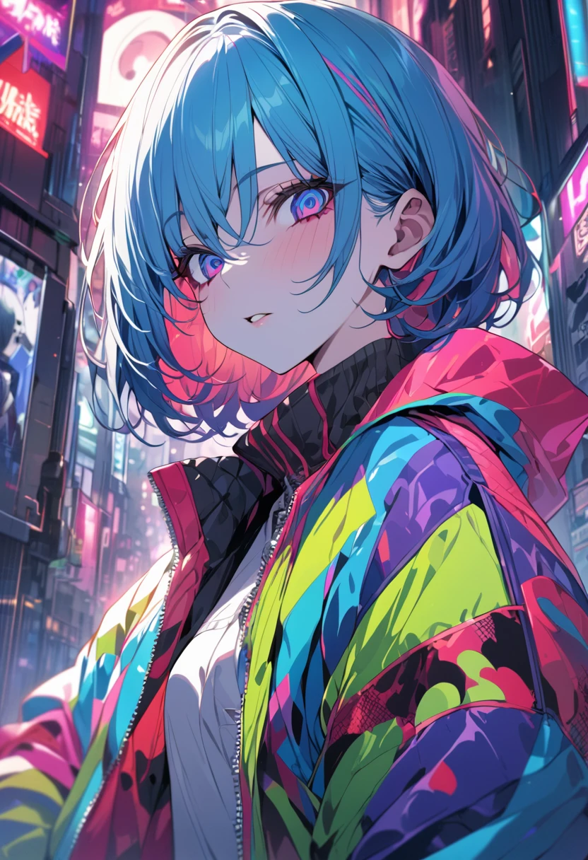 (masterpiece,detailed,High resolution:1.4) , Model shoot, close, detailed face, fine detailed eyes,, (kirishima touka),Blue middle hair,ghoul eyes,Retro Jacket,Tokyo Ghoul,Retrofuturism background, Vibrant colors, High resolution,, , 