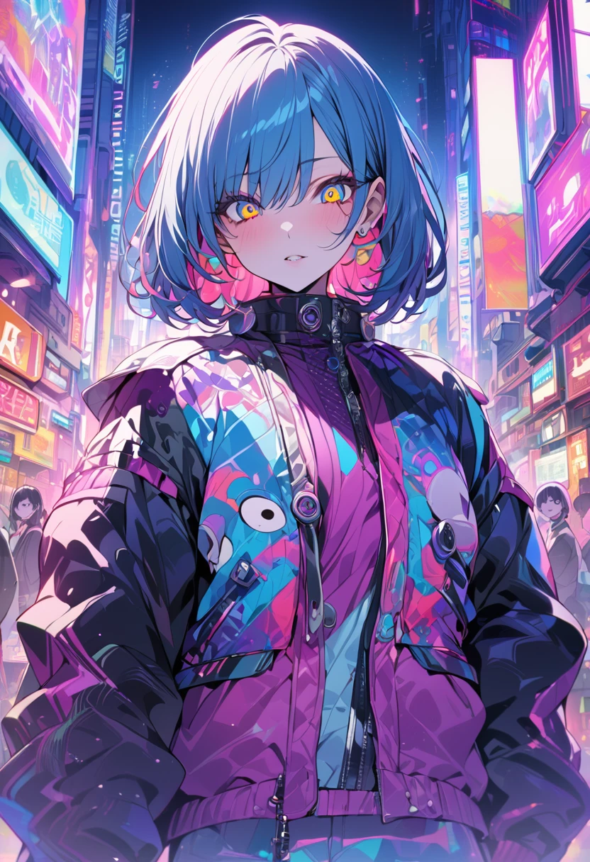 (masterpiece,detailed,High resolution:1.4) , Model shoot, close, detailed face, fine detailed eyes,, (kirishima touka),Blue middle hair,ghoul eyes,Retro Jacket,Tokyo Ghoul,Retrofuturism background, Vibrant colors, High resolution,, , 