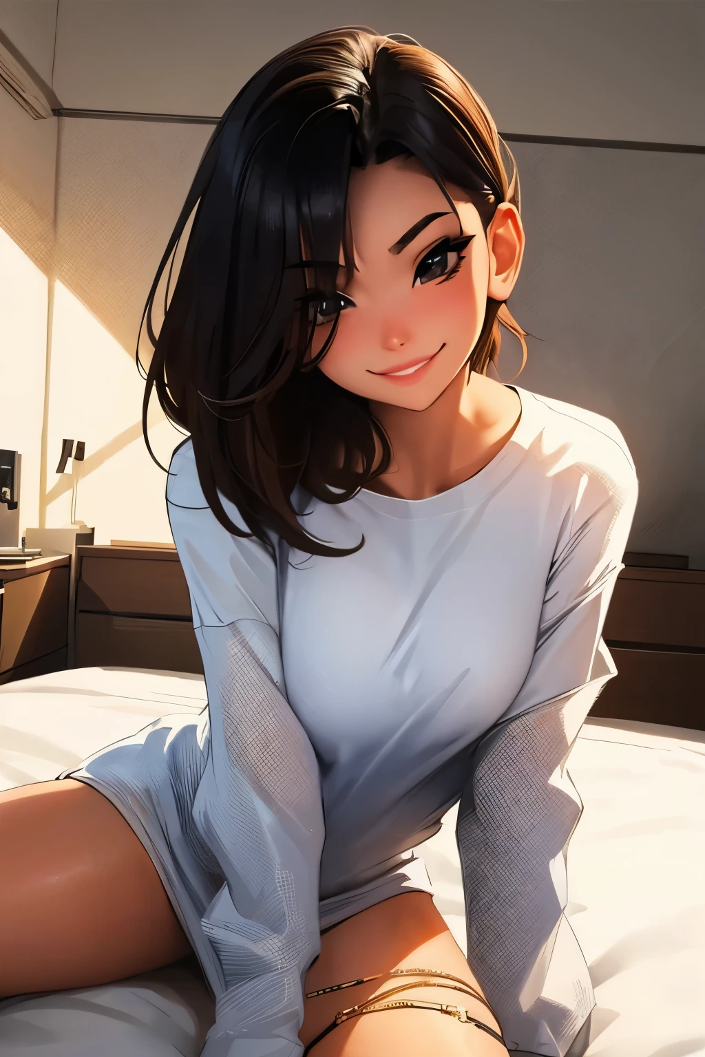 1 beautiful woman, shorth hair, tight abdomen, naughty smile, ((1 man ago)), (in the bedroom), (on the  bed), ejaculating, Loose Clothes